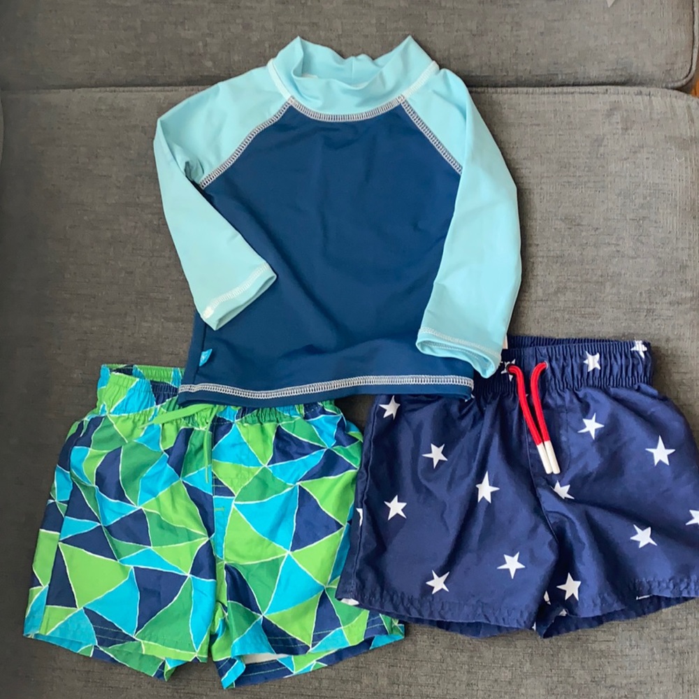 Toddler Boys Swim Lot 2 Pairs Trunks + Honest Co Rash Guard 12-18 mos.Cat & Jack